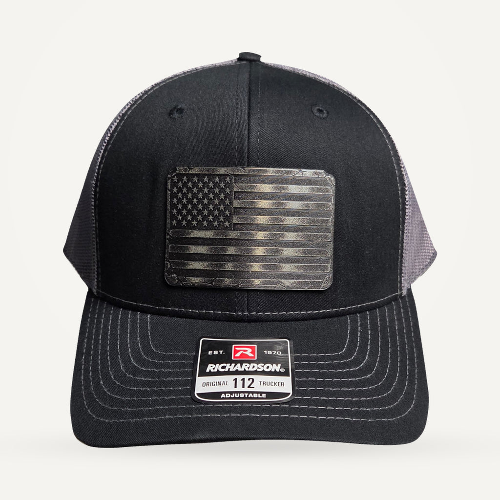 American Flag Acrylic Patch Trucker Hat - Black / Gray